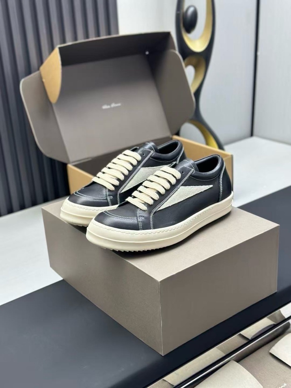 Rick Owens Black Leather Low-Top Sneakers with Cream Accents
